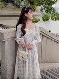 Summer Floral Elegant Fairy Dress Print France Vintage Evening Party Long Dress Puff Sleeve Casual Korean Style Chic Dress