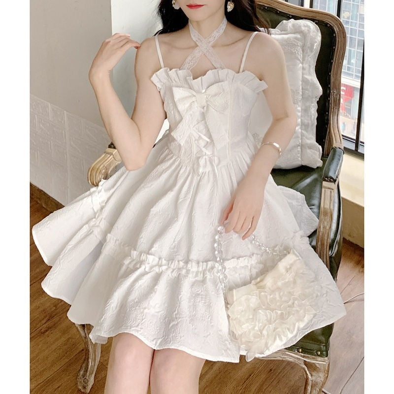 White Kawaii Dress Women Slip Dresses Summer Sweet Bow Elegant Fairy Sundress Ruffles Bandage Patchwork Sexy Robe