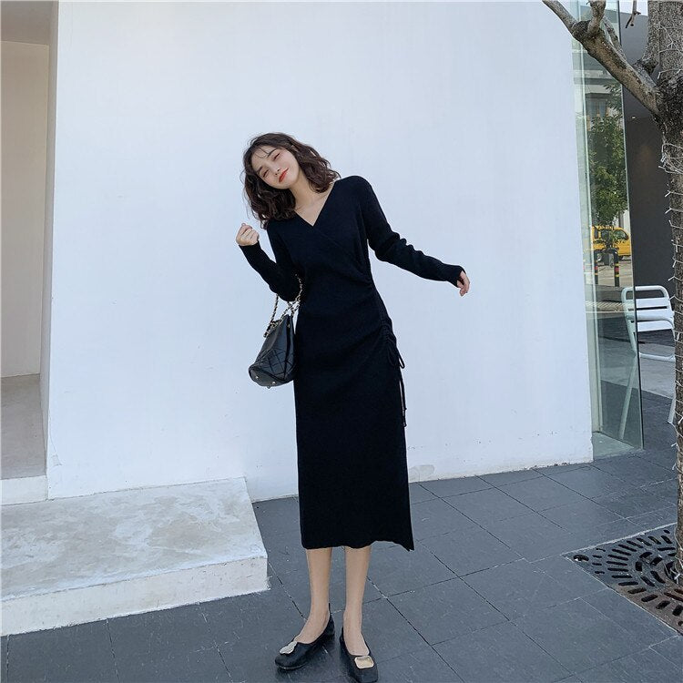 Black Long Sleeves Womens Knitting Dress  Spring V Neck Midi Skirt Chic Design Korean Elegant Style Fashion Female Dress