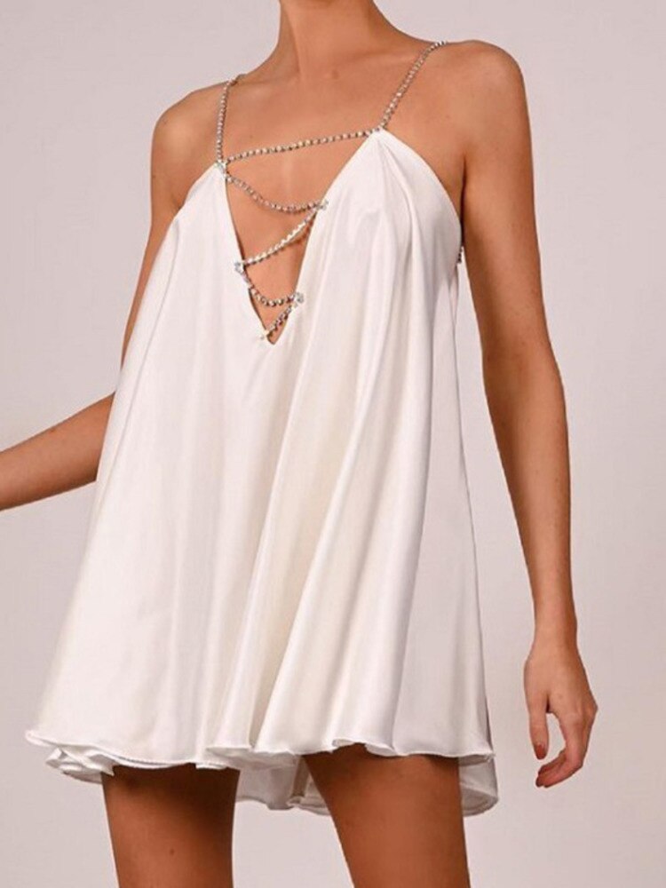 Drespot  Satin BackLee Spaghetti Strap Dress For Women White Summer Sexy Sleeveless Mini Dresses Female Party Club Beach Dress
