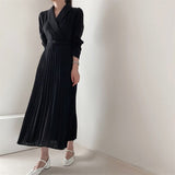 Women Autumn Elegant Slim Temperament Shirt Pleated Dress With Belt Long Sleeve Office Lady Clothing A-Line Vestidos