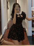 Drespot Floral Dress Sexy Hollow Out Mini Dress Summer  Kawaii Sweet Black Preppy Style Puff Sleeve Boho Holiday Outfits
