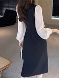 Autumn Single Breasted Casual Elegant Midi Dresses For Women Long Sleeve Lace Patchwork A-Line Vestido Femme Fashion Slim Robe