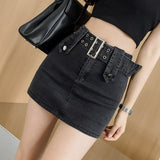 Drespot Y2K Mini Skirt With Buckle Belt Low Rise Micro Mini Jean Skirt Punk Grunge Aesthetic Women E-Girl Outfit