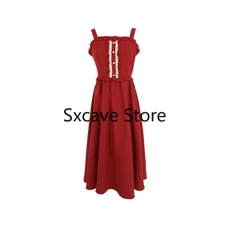 Drespot  Spring Vintage Lolita Dress Party Evening Women Casual Fairy Red Midi Strap Dress Y2k Female Japanese Style Kawaill Clothes