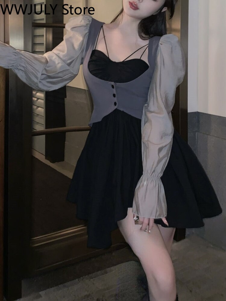 Drespot  Gothic Vintage 2 Piece Dress Set Woman Lolita Y2k Mini Dress Casual Korean Style Strap Dress Sweet Kawaii Suits  Spring Slim