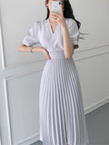 New Summer Women Elegant V-Neck High Waist Slim Office Lady Casual A-Line Pleated Bandge Dress Vestidos