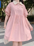 Drespot  Kawaii Summer Dress Women Pink Preppy Style Short Dresses Peter Pan Collar Puff Sleeve Cartoon Embroidery Sweet Sundress