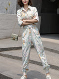 New Spring Women Belt Tunic Print Jumpsuits Female High Waist Harem Trousers Overalls Romper Holiday Long Playsuit