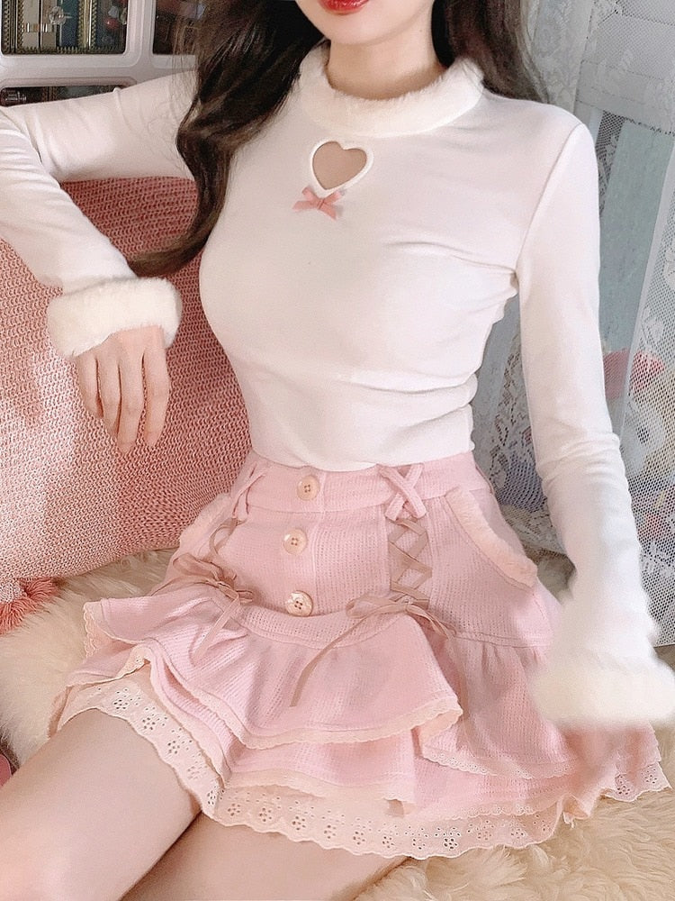 Japanese Pink Sweet Lolita Blouse Women Winter Warm Kawaii Knitted Blouse Female Long Sleeve Tops Korean Style Clothing  New