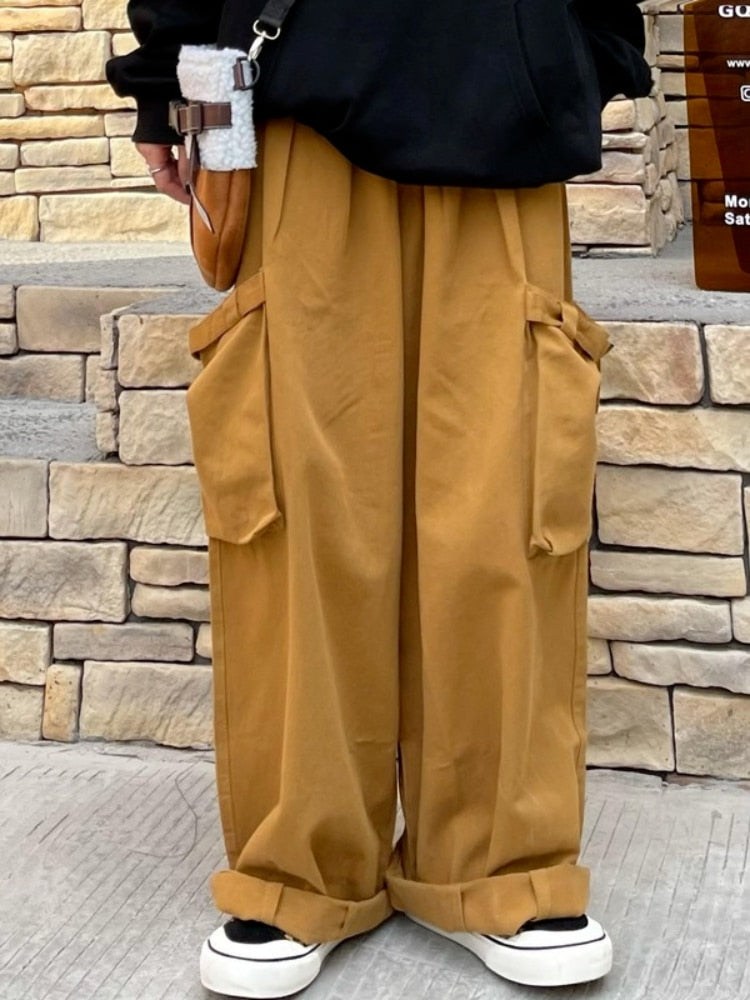 Drespot  Harajuku Streetwear Cargo Pants Green Women Hippie Oversize Brown Wide Leg Trousers For Female Black Joggers Sweatpants
