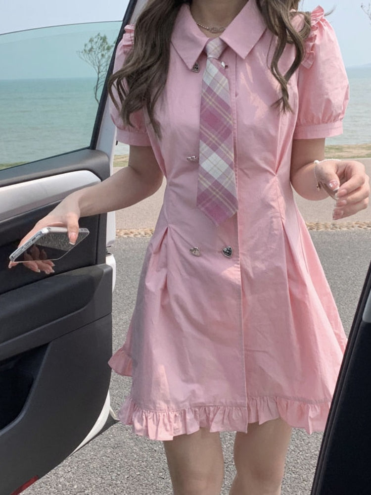 Pink Kawaii Dress Women Preppy Style Sweet Cute Summer Shirt Dresses Polo Collar Ruffles Korean Fashion High Street