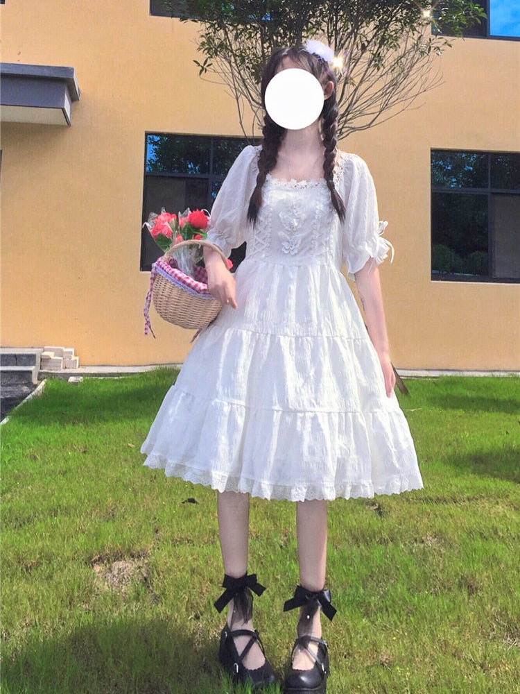 White Kawaii Dress Women Lace Patchwork Lolita Style Puff Sleeve  Square Collar Vintage Dress Summer Japan Cute Sundress