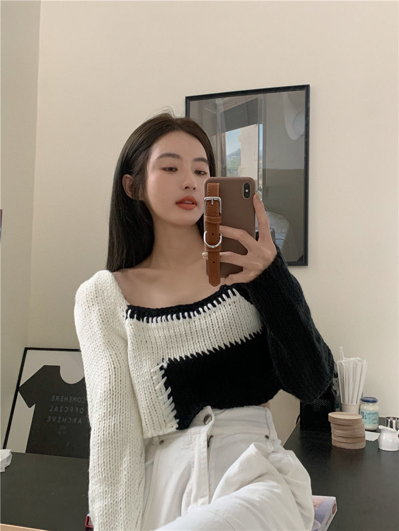 Y2K Plaid Knit Crop Sweater Women Harajuku Korean Style Patchwork Jumper Vintage Long Sleeve Pullover Casual Tops
