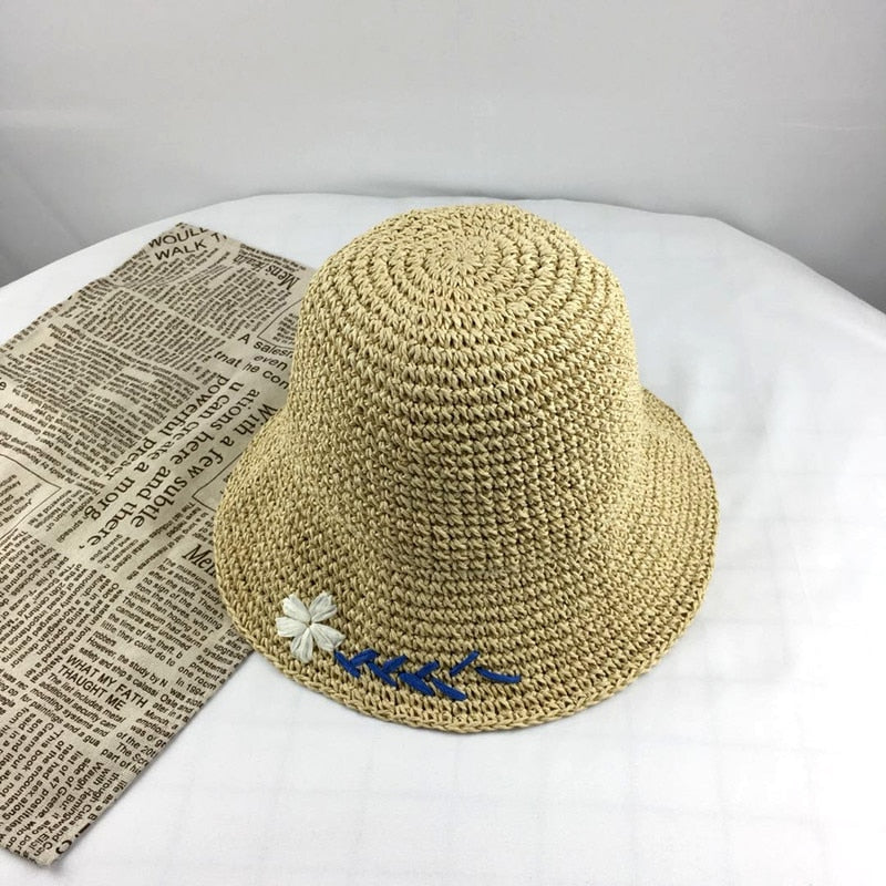 Hand-made Crochet Straw Hat Women Embroidered Flowers With Large Eaves Panama UV Protection Summer Cap Bali Vacation Beach Hat