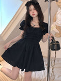 Drespot Gothic Harajuku Black Mini Dress Women Mori Goth Wrap Lace Puff Sleeve Short Dresses  Summer Korean Fashion Kpop