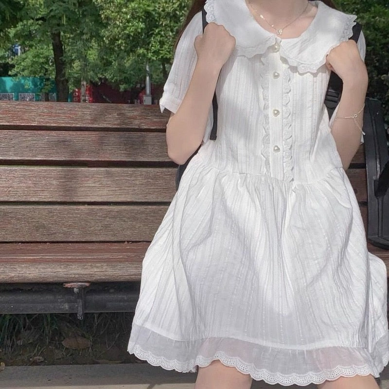 Drespot Kawaii White Lolita Dress Women Soft Girl Sweet Princess Ruffle Elegant Dresses Peter Pan Colalr Button  Summer