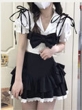 Drespot Summer Mini Skirt Kawaii Bow Women Lace Patchwork White Blouses Suit Bandage Preppy Style A-Line Black Skirt High Street