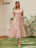 Drespot V-Neck Mesh Polka Dot Summer Tulle Party Dress Women Backless Pink Ruffle Sleeveless Dresses Elegant Sash Maxi Vestido