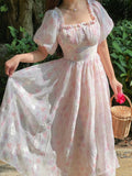 Floral Elegant Evening Party Midi Dress Women Puff Sleeve Casual France Vintage Dress Print Princess Fairy Dress Summer  New