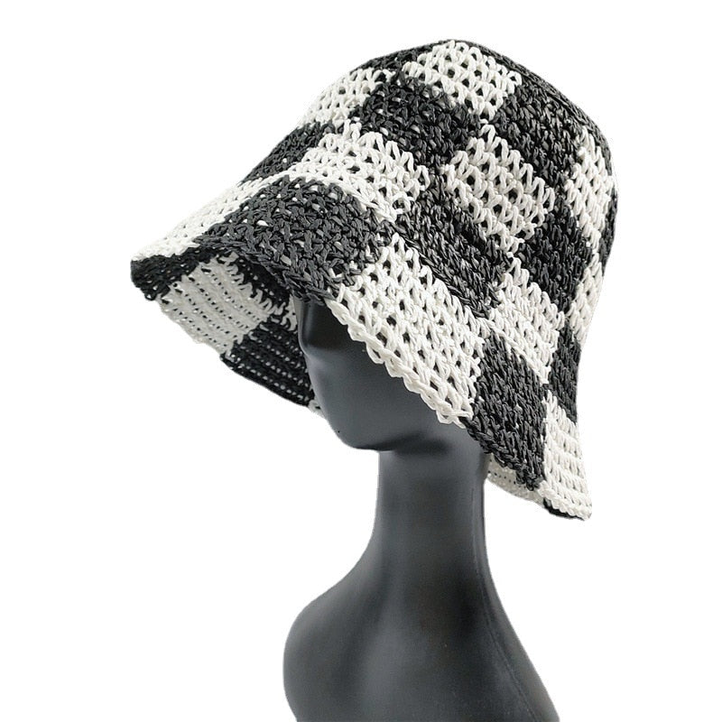 Checkerboard Straw Weave Bucket Hat For Women Summer UV Sun Straw Hat Foldable Outdoor Panama Cap Unisex Vacation Beach Hat