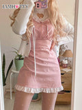 Lolita Dress Pink Short Sleeve Straight Ruffles Lace Patchwork Kawaii Dresses Japanese Slim Sundress Party y2k Outfit