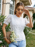 Drespot White Elegant Lace Stitching Women T-Shirt Summer Causal Hole Puff Short Sleeve Tees Fashion Office Lady Short Tops