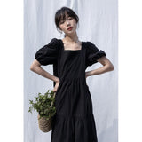 Drespot Vintage Black Midi Dress Women Korean Fashion Backless Wrap Elegant Puff Sleeve Dresses Square Collar  Summer Solid