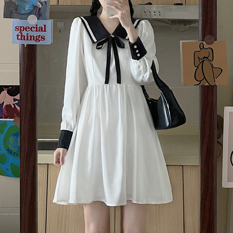Women Black Dress Kawaii Preppy Style Sailor Collar Long Sleeve Dresses Elegant Vintage Korean Fashion High Street