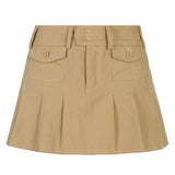 Retro Pleated Mini Denim Skirt Women High Waist A Line Brown Micro Skirt Femme Girls Hot Jeans Skirts Grunge Bottom Iamhotty