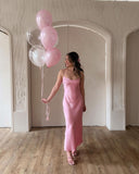 Drespot  Elegent Ladies Temperament Silky Slip Dress WomenV-neck Sleeveless Backless Slim Long Dresses Solid Color Leisure Style Pink Dress