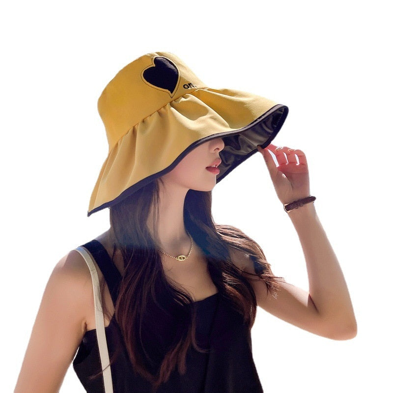 Women's Vinyl UV 40+ Bucket Hat Summer Solid Heart Bob Hat Big Brim Foldable Sunscreen Panama Girl Outdoor Fishing Hat Gorras