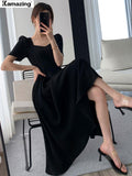 Summer New Elegant Midi Black Dress For Women Solid A Line Femme Fashion Office Lady Clothing Vestidos