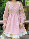 Drespot Kawaii Pink Plaid Dress Women Japanese Sweet Vintage Wrap Square Collar Short Dresses Cute  Summer Robe Vestido Female