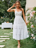 Drespot Elegant Spaghetti Strap Lace Patchwork Summer White Dress Women High Waist Square Collar Long Dress Holiday Long Vestido