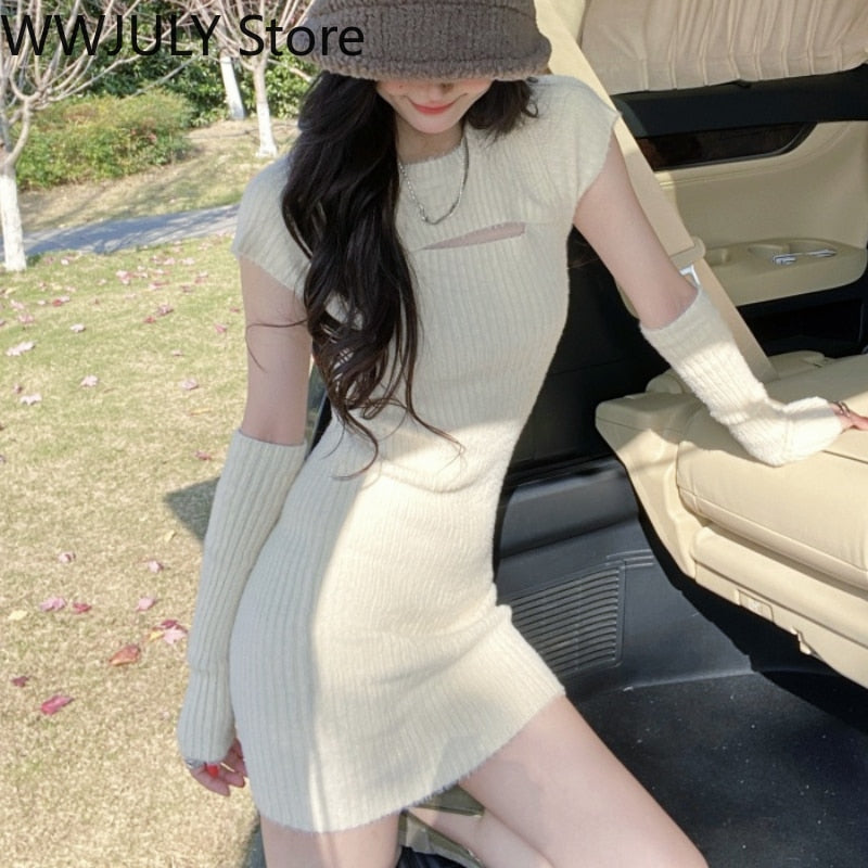 Drespot  Bodycon Sexy Dress Women  Spring Knitted Hip Dress Design Korean Fashion Evening Party Dress Females Pure Cloor Clothing