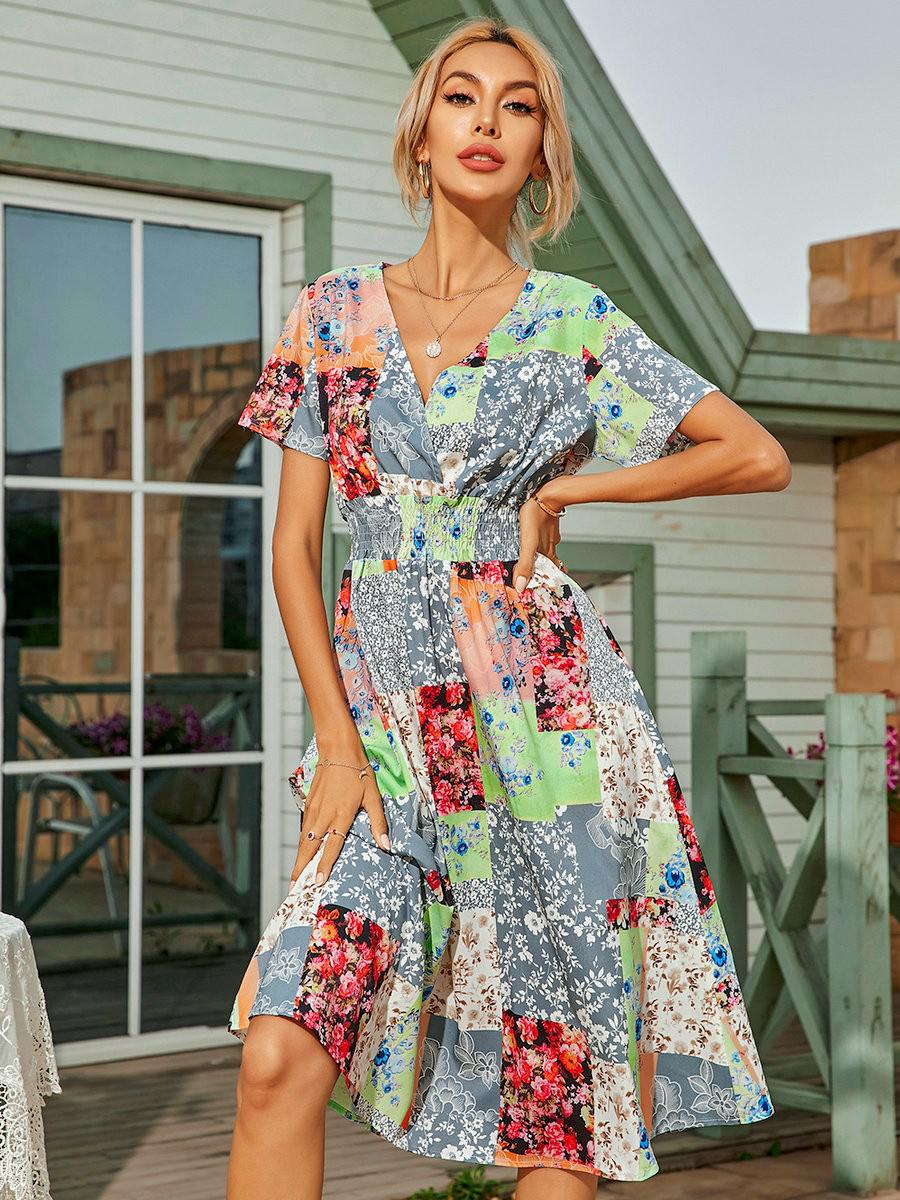 Drespot Fashion Floral Short-sleeved V-neck Boho Dress Summer  Print Elastic Waist Casual Chiffon Dress Womens A-line Midi Sundress