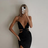 Black Prom Dress For Women Elegant Sexy Sleeveless Backless V Neck  Summer Party Club Midi Split Hollow Out Sundress