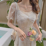 Lace Fairy Midi Dress Elegant  Summer Patchwork Women Floral Party Dresses Casual Puff Sleeve Korean One-piece Dress Lady
