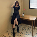 Japanese Women Dress Summer Short Sleeve Black Elegant High Waist Party Dress Fashion Square Collar A Line Female Vestidos