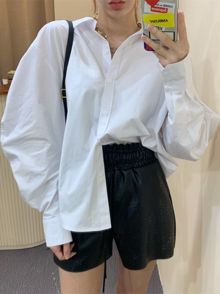 Drespot  New Spring Loose Women's Blouse Puff Sleeve Turn-down Collar Casual Female Blouse Tops Workwear White Shirts