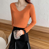 Korean Fashion Solid Knitted Sweater Women Harajuku V-neck Jumper Elegant Slim-fit Casual All-match Soft Basic Tops Y2K