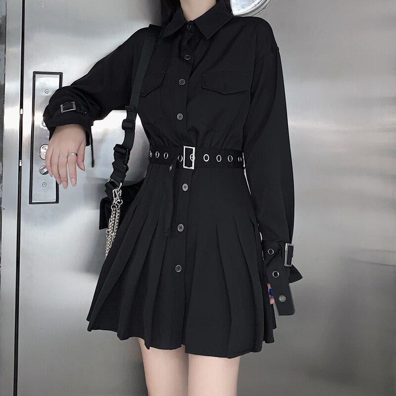 Gothic Button Up Shirt Dress Women Elegant Belt Black Pleated Mini Dresses Spring Sexy High Waist Long Sleeve Vestidos Mujer
