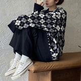 Korean Style Argyle Plaid Knitted Cardigan Sweater Women Oversize V-neck Jumper Autumn Single Breasted Jackets Female