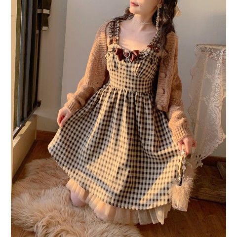 Drespot  Kawaii Lolita Dress Women Summer Plaid Slip Mini Dresses Preppy Style Sweet Elegant Vintage Sleeveless Sundress Fashion