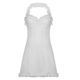 IAMHOTTY Ruffle Lace White Dress y2k Sleeveless Halter Sundress Beach Party Fairycore Kawaii Aesthetic Outfit Lolita Dresses 90s