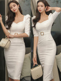Women Spring Summer Elegant Midi Dress Office Lady High Waist Fashion Slim Long sleeve Female Workwear Clothes Vestidos