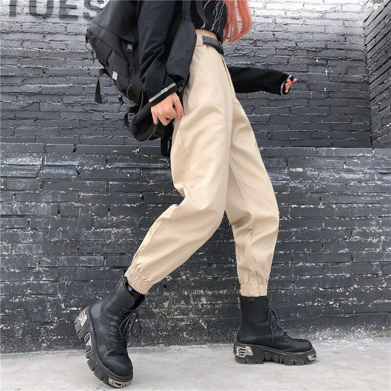Drespot Womens Cargo Pants With Chain Khaki Black High Waisted Baggy Jogger Pants Grunge Aesthetic Outfits /