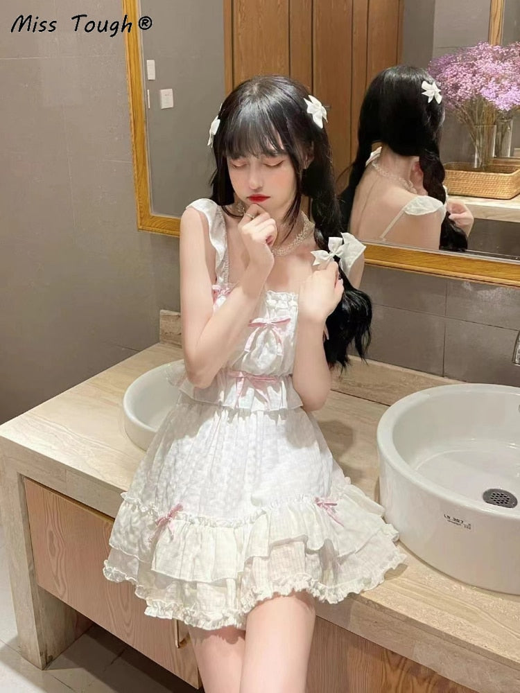 Japanese Sweet Kawaii Two-piece Set Women's White Mini Skirt and Cropped Tops Set  Bow Casual Korean Style Chic Vintage Suit