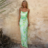 Green Boho Printed Maxi Dress Sundress Tunic Women Summer Clothes Beach Wear Sexy Spaghetti Strap Club Party Dresses A1386